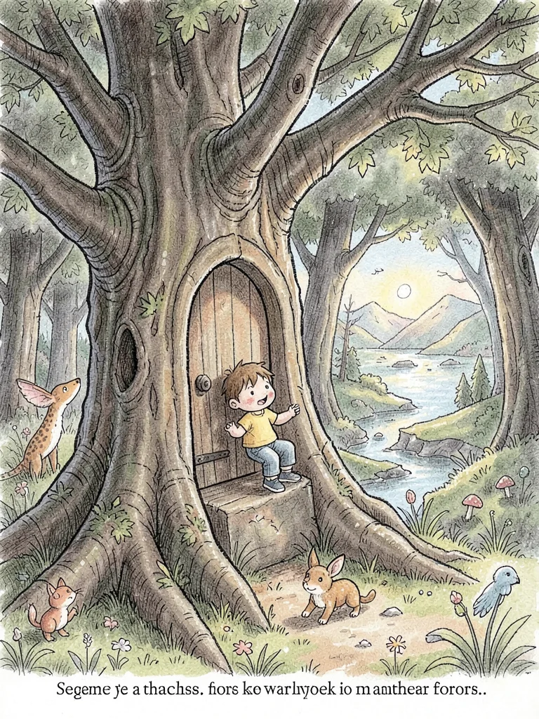 Child discovering magical door in tree