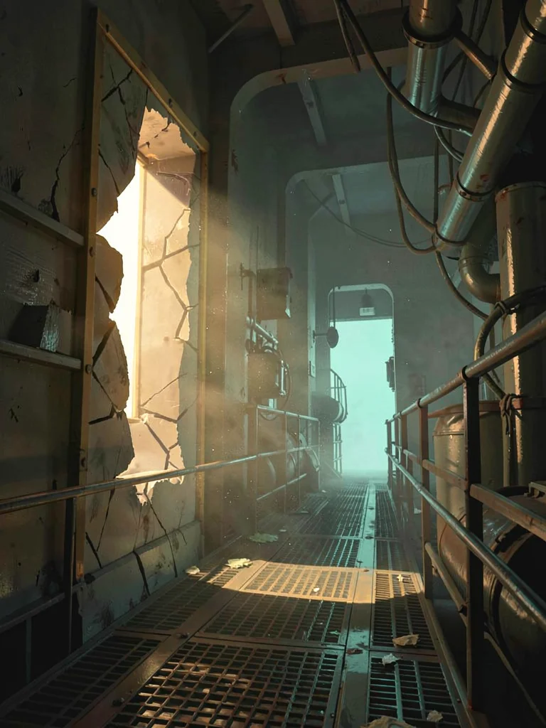 Engine-room walkway in a derelict freighter with a beam through cracked bulkhead