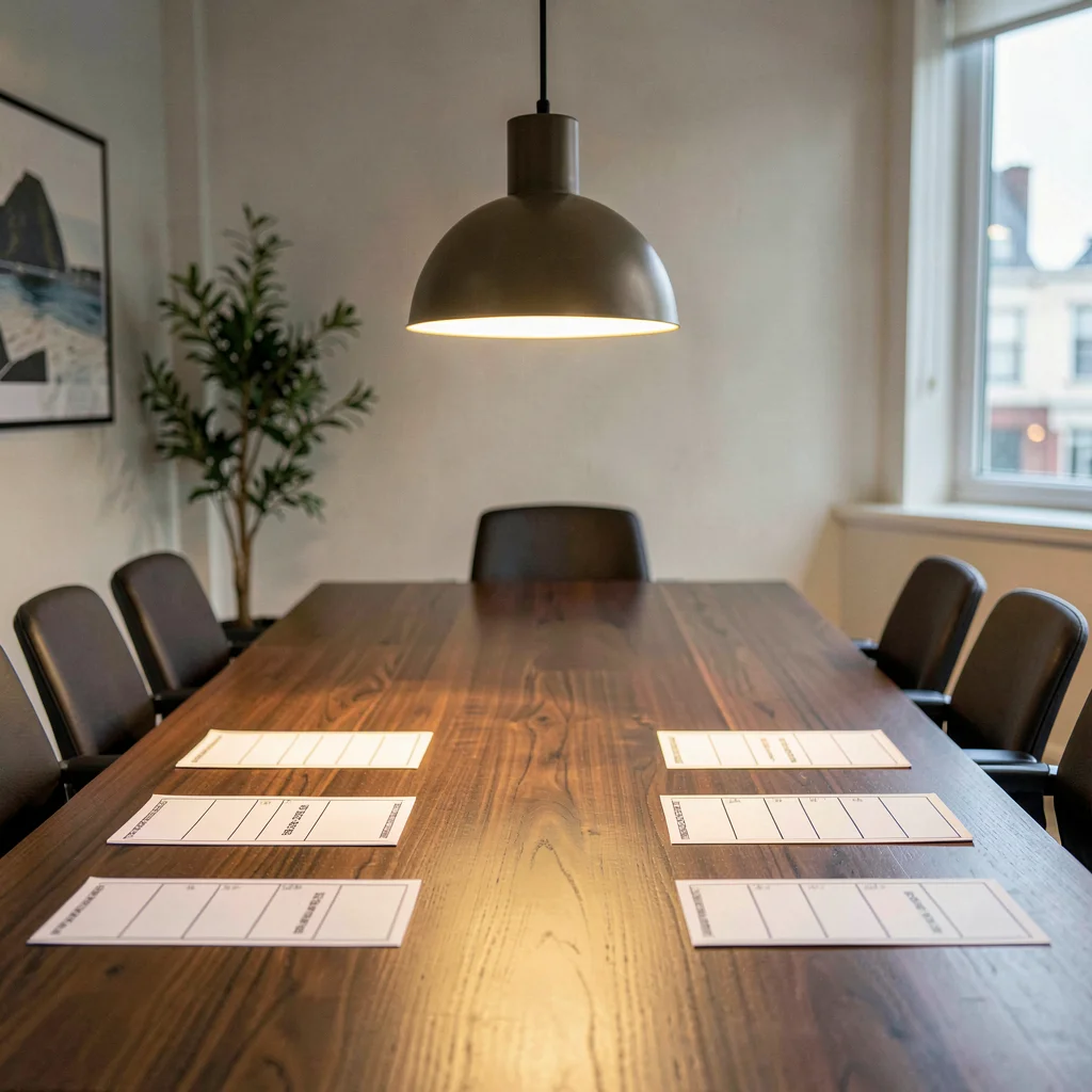 Pendant lamp glowing above a meeting table covered with blank storyboard cards