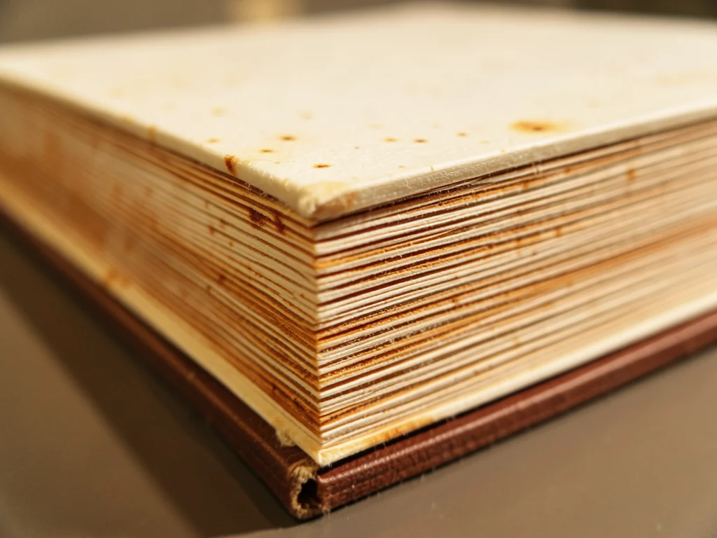 Paperback spine edge, glue adhesive visible between page signatures, bookbinding