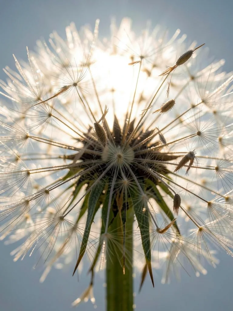 Dandelion seed head backlit by sun, some seeds detaching, macro lens