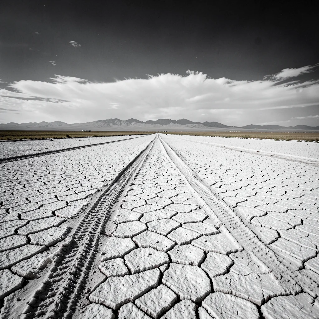 Vast horizontal landscape, extreme width composition, Dried salt flat with crack