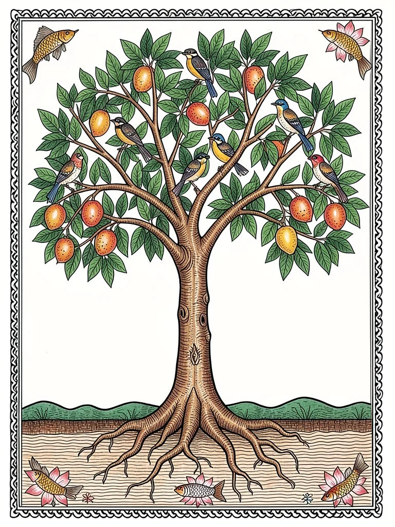Mango tree with birds nesting in branches, roots shown beneath soil line, full f