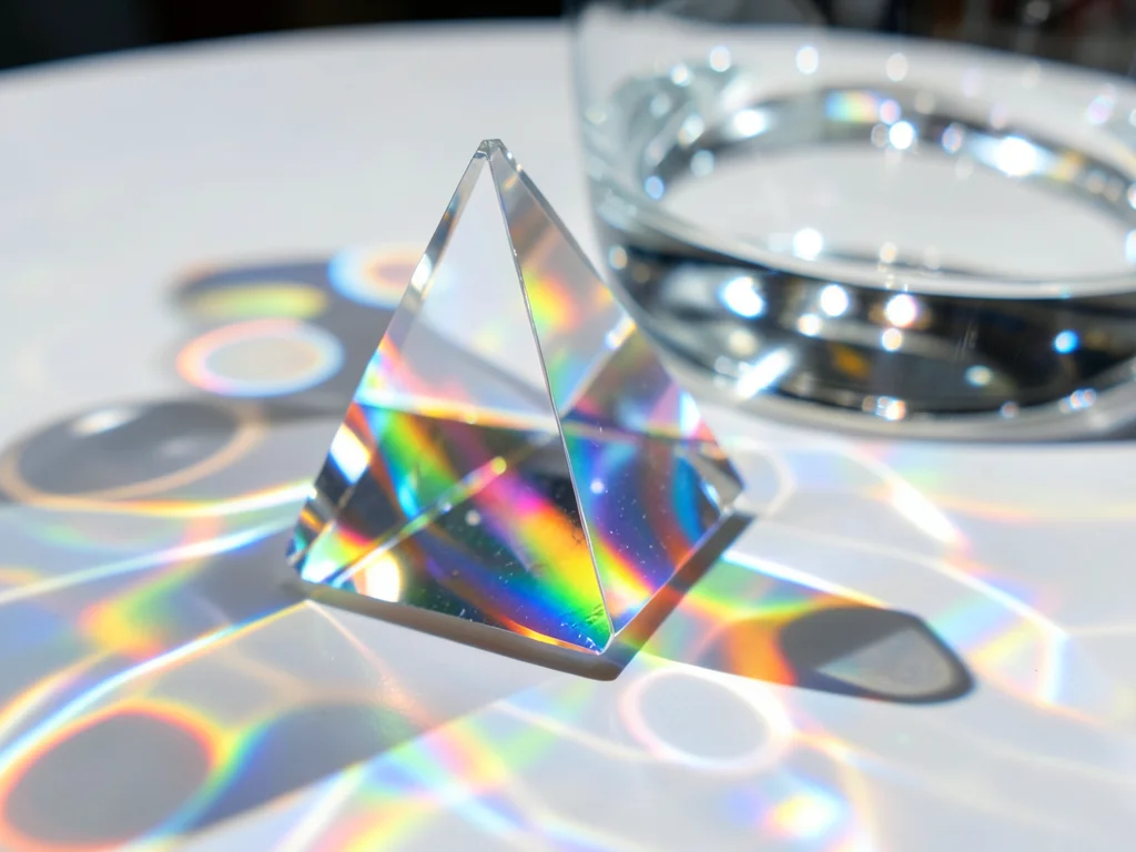 Caustic light patterns from a glass of water on a white table, irregular rainbow