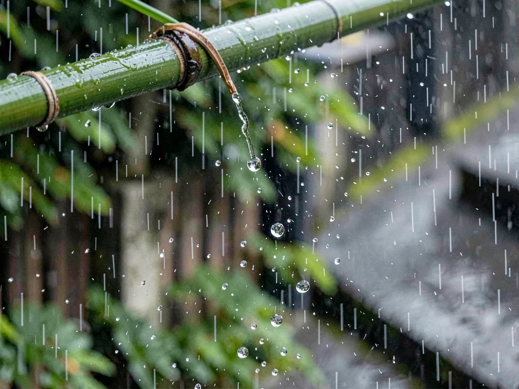 Drop hanging from bamboo tip moment before