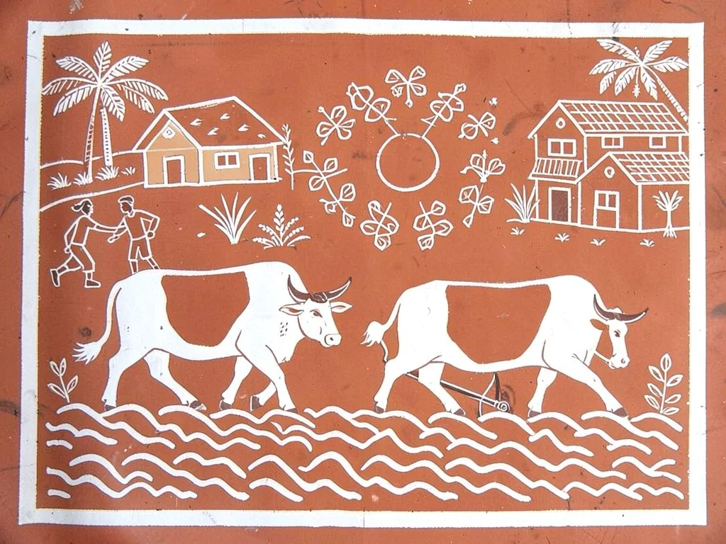 Two oxen plowing a field — lines of turned earth, farmer guiding behind