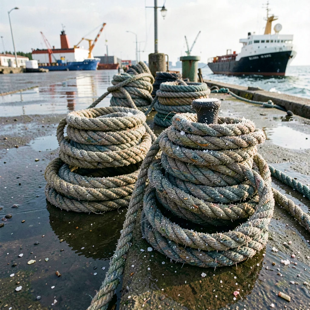 Port city documentary photograph, Coils of mooring rope on a dock, each coil per