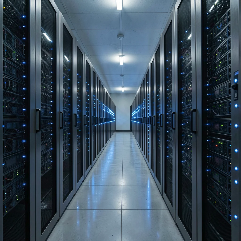 Precise geometric composition, industrial clarity, Rows of server racks in data 
