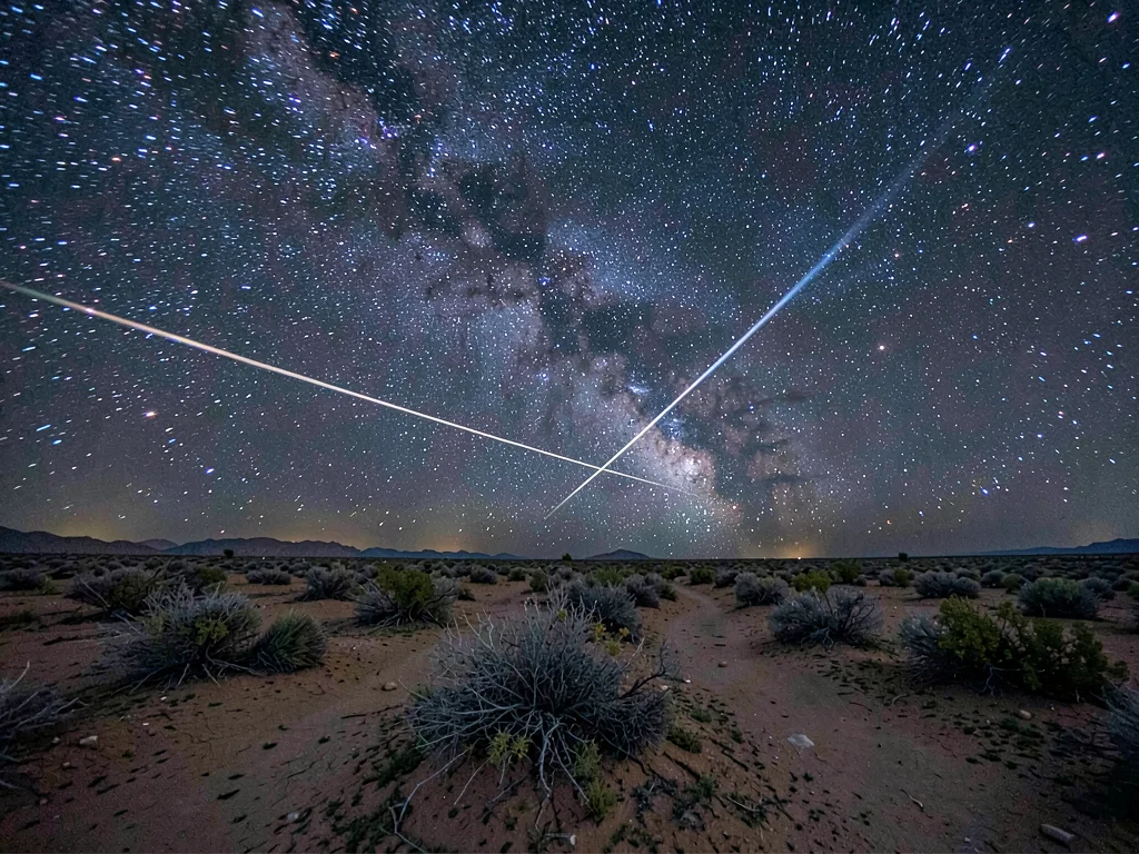 Satellite streak crossing natural trails