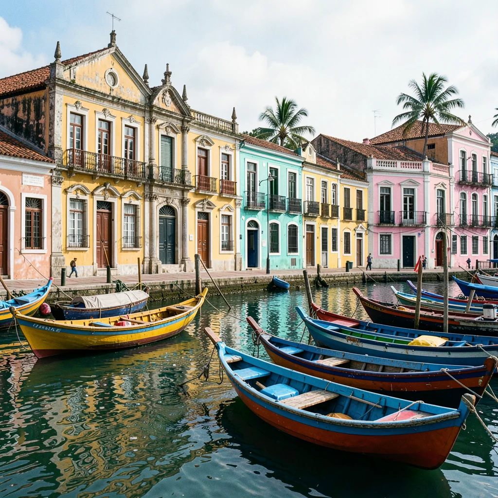 Salvador Pelourinho color, Bahian colonial saturation, Small wooden boats painte