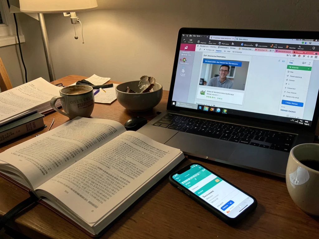 Open textbook with one page read, laptop showing shipping tracking page