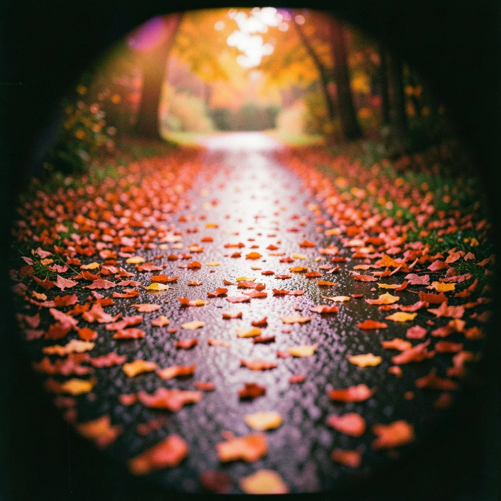 Autumn leaves on a wet path, the reds and oranges electric, corners fading to bl