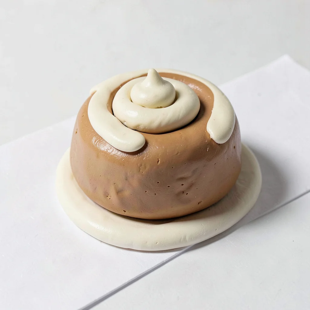 Sweet chunky clay cinnamon roll in tan tone with chunky cream-toned squat icing 