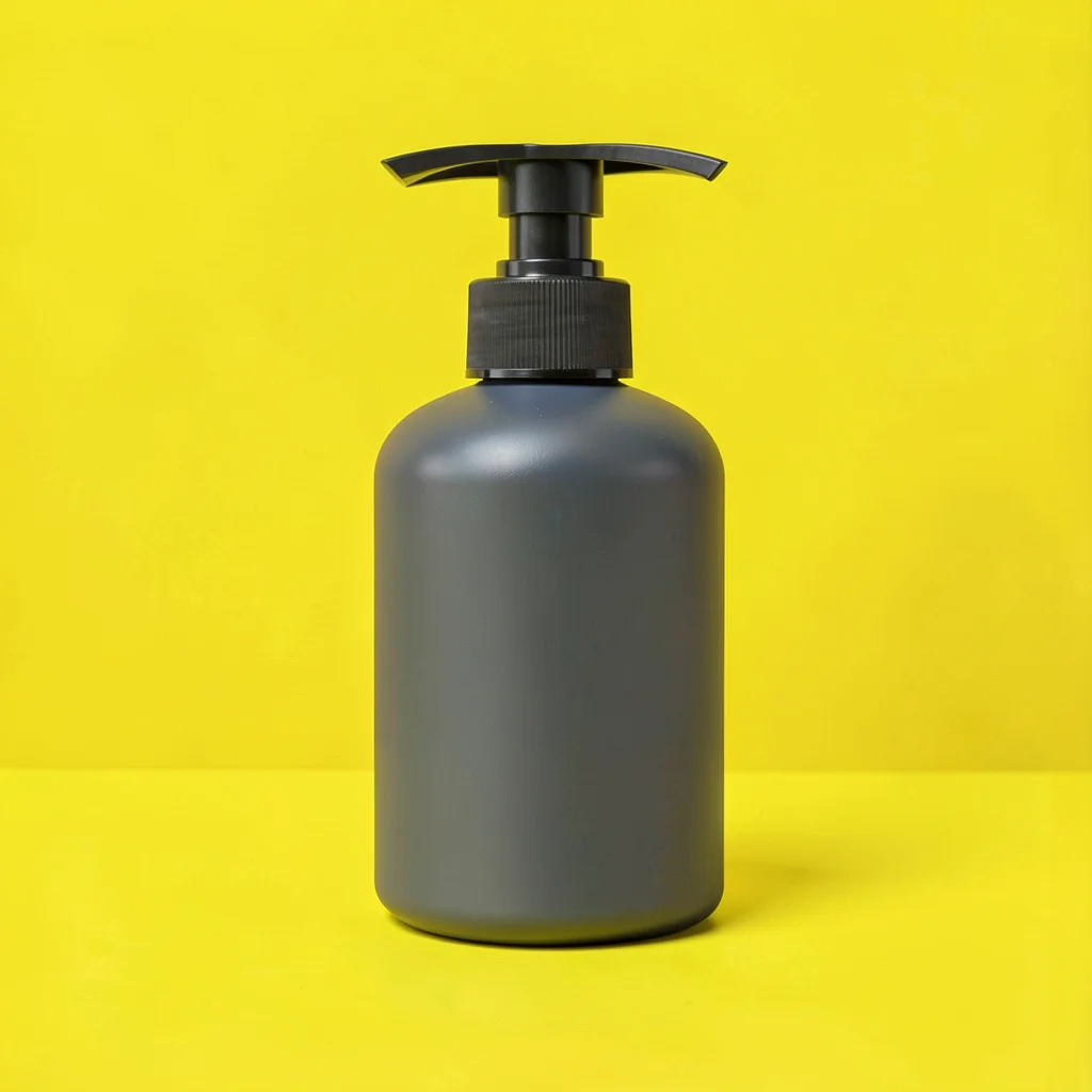 single matte-charcoal soap-dispenser pump straight-on against a saturated lemon 