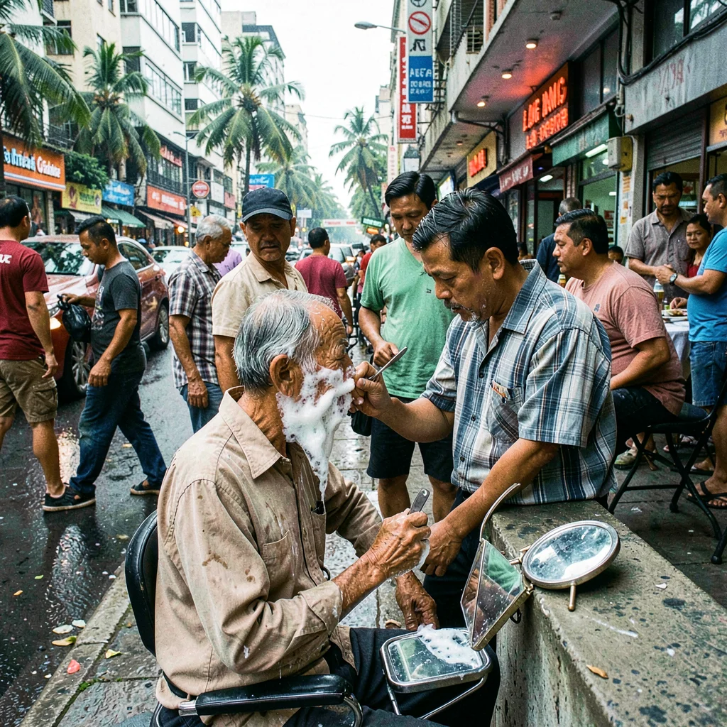Documentary photograph of megacity life, dense urban scene, An elderly man getti