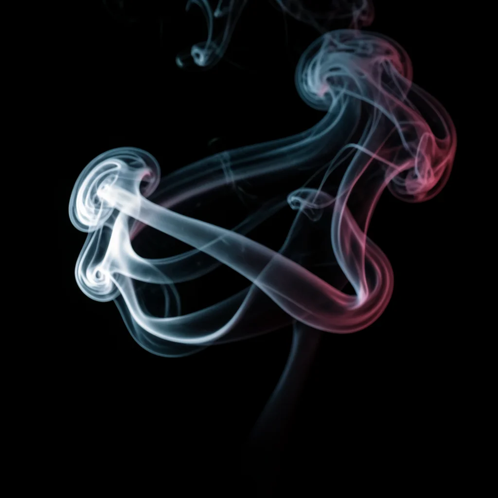 A smoke ring traveling through still air, its shape deforming slightly, lit from