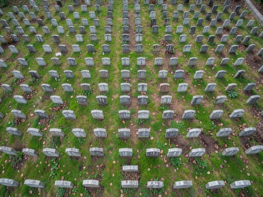 Cemetery from above, the brutal democracy of uniform headstones, grief organized