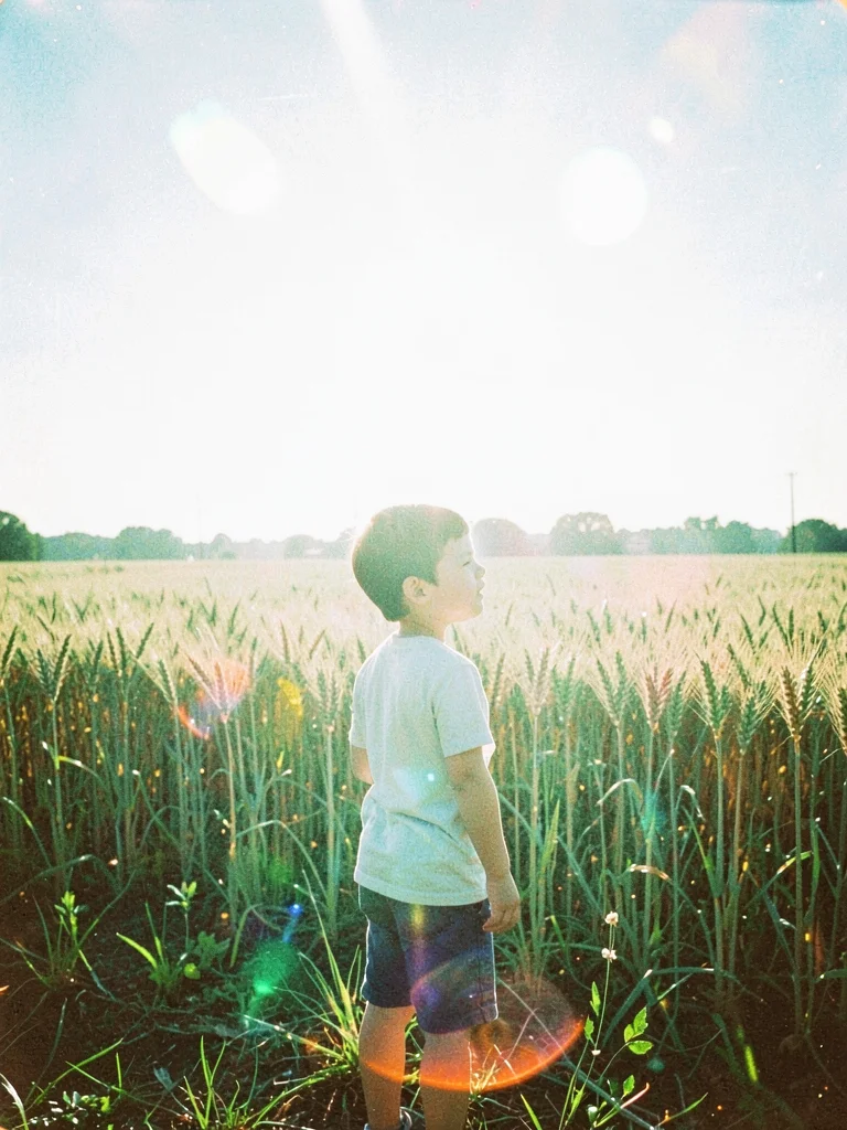 Child standing alone at the edge of a wheat field facing away from the camera sq