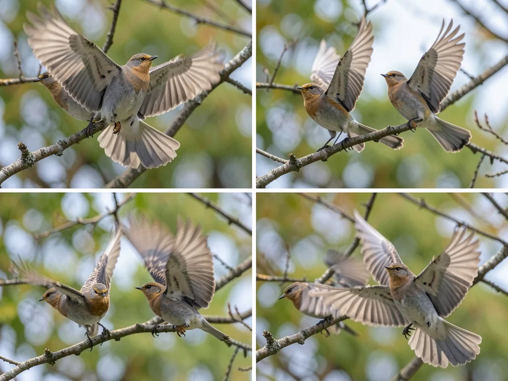 Bird taking off from branch, multiple exposures freezing every wingbeat, physics