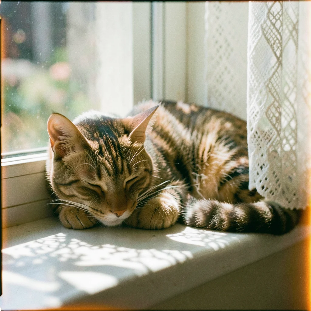 A cat napping on a sun-warmed windowsill, lace curtain casting shadow patterns o