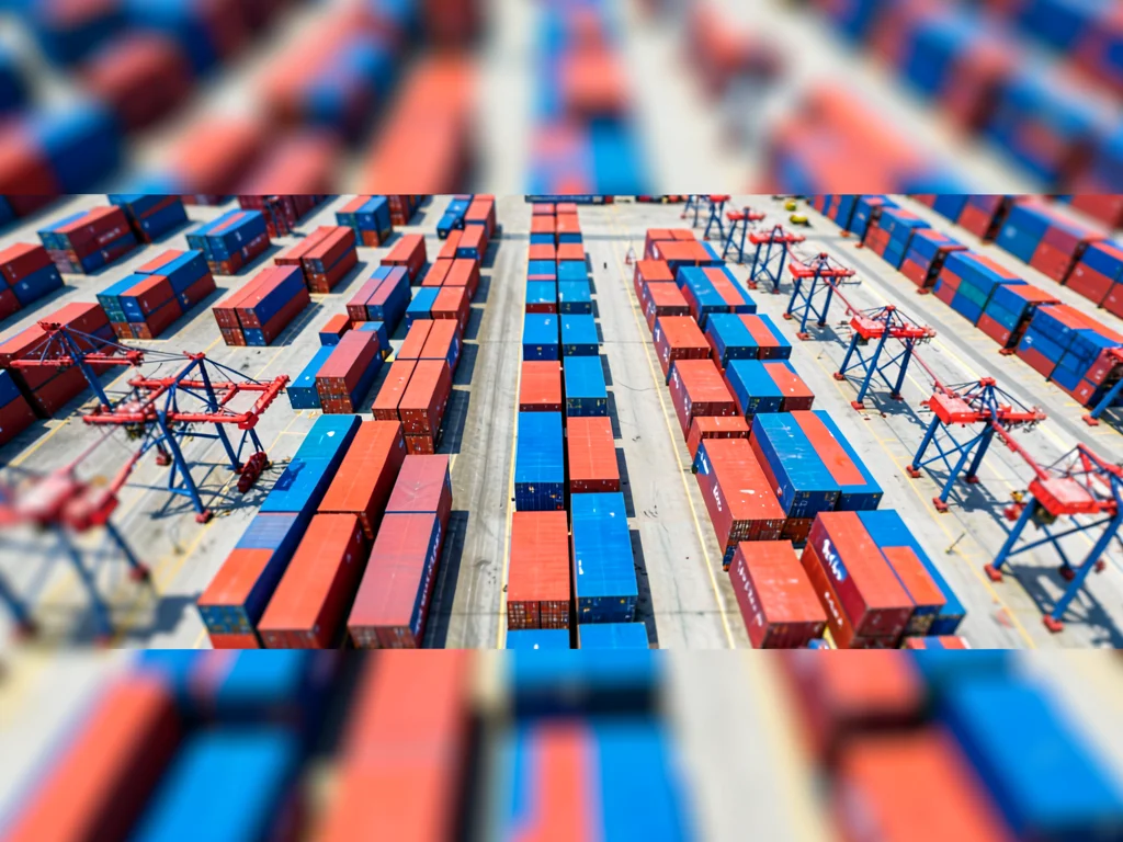 Aerial tilt-shift photograph of a container port at midday from drone height, ro