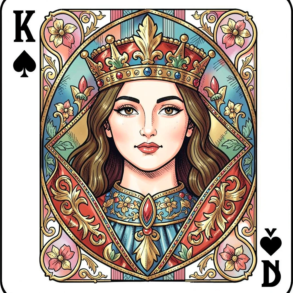 Playing card face illustration, Queen as card queen face with ornate headdress ,