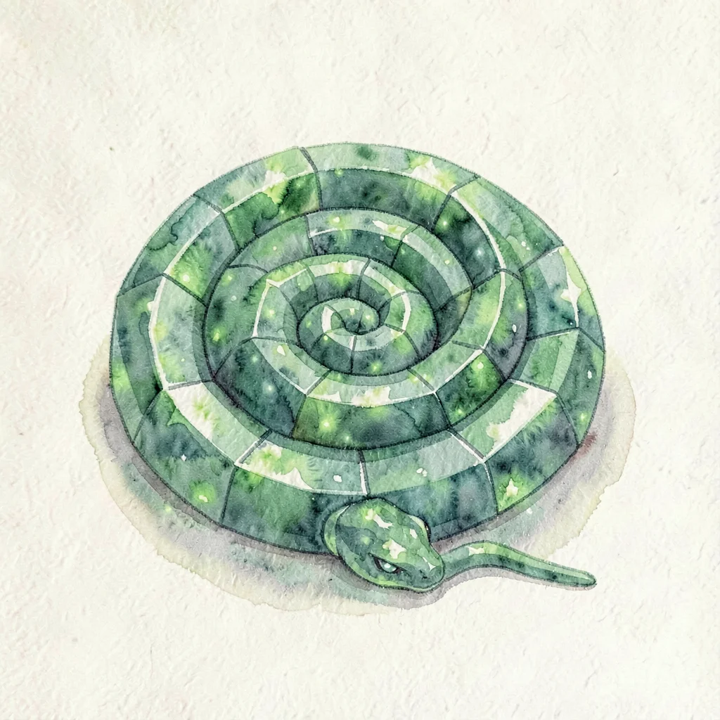 Smooth peridot lowpoly snake coiled in a tight spiral with green internal facets
