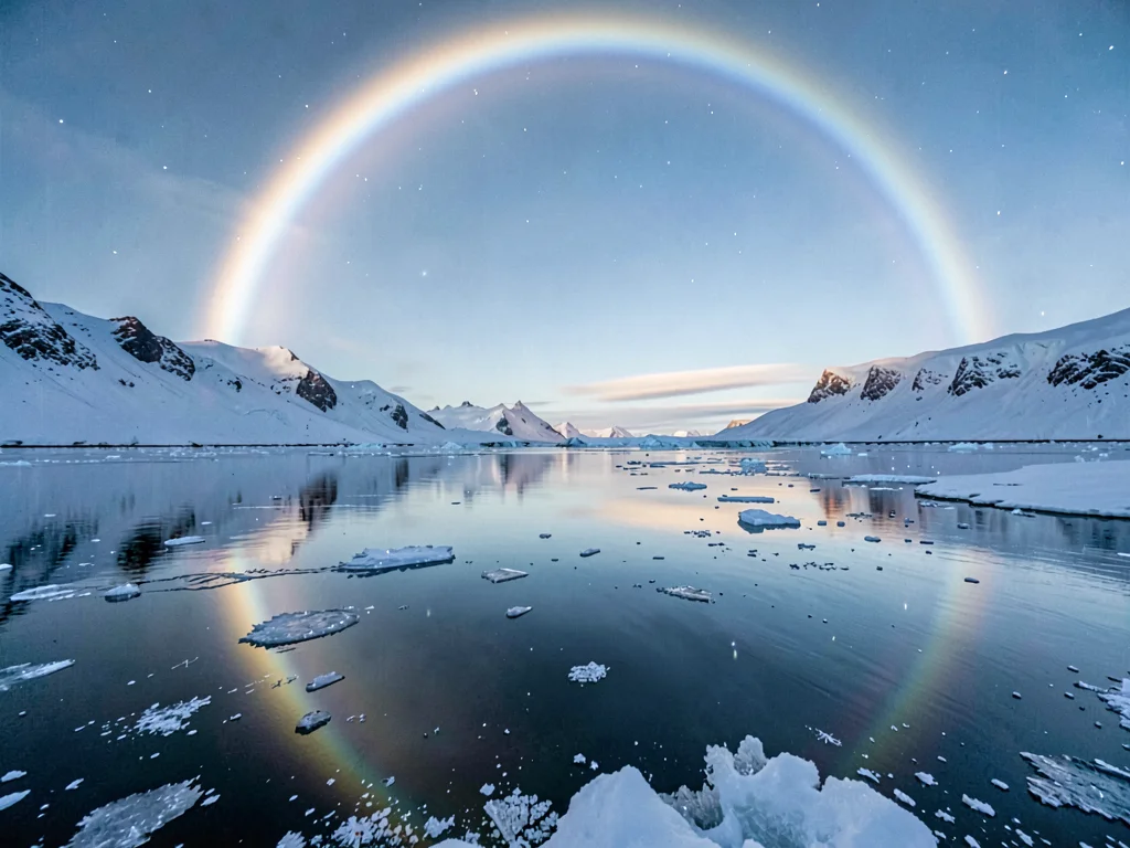 Halo phenomena reflected in still arctic water