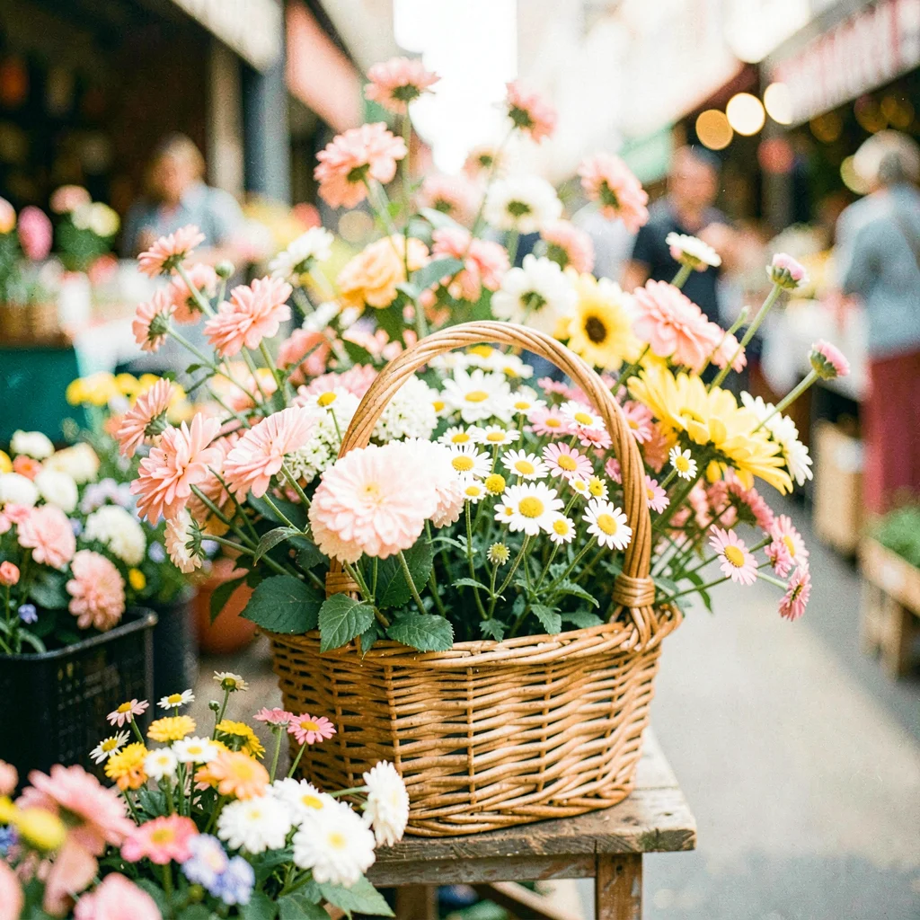 Market flowers in a wicker basket