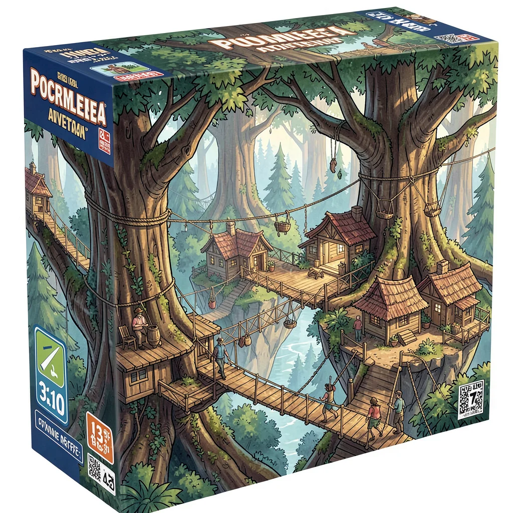 Board game box illustration, a forest village built into massive trees, rope bri