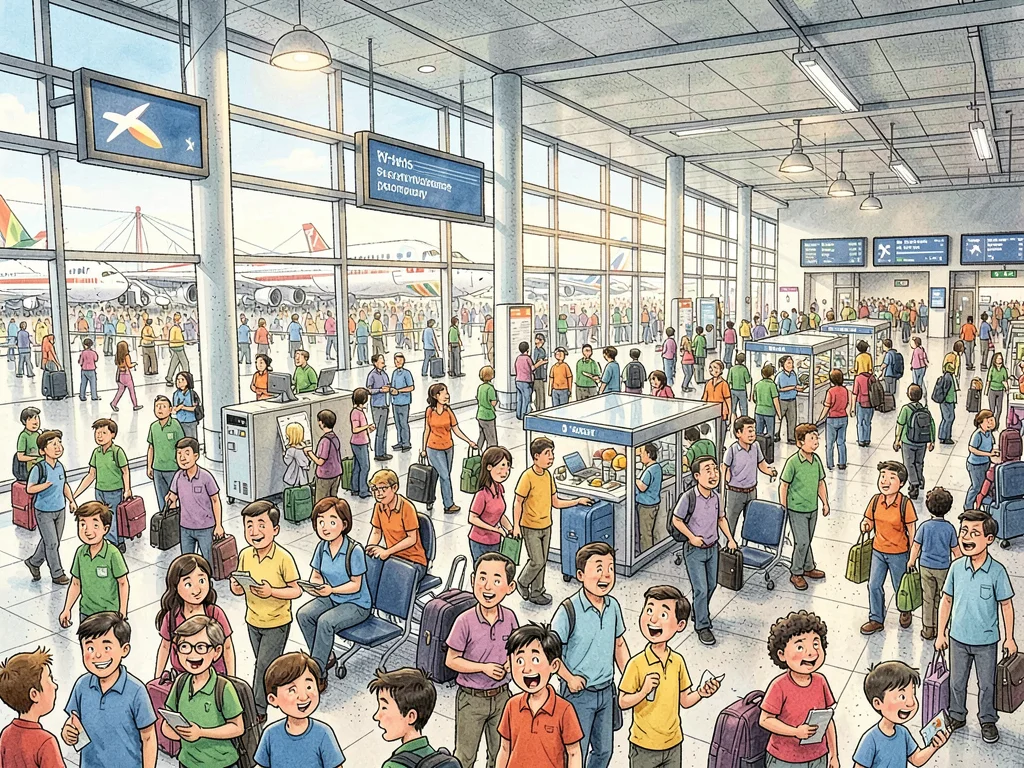 Busy airport terminal scene