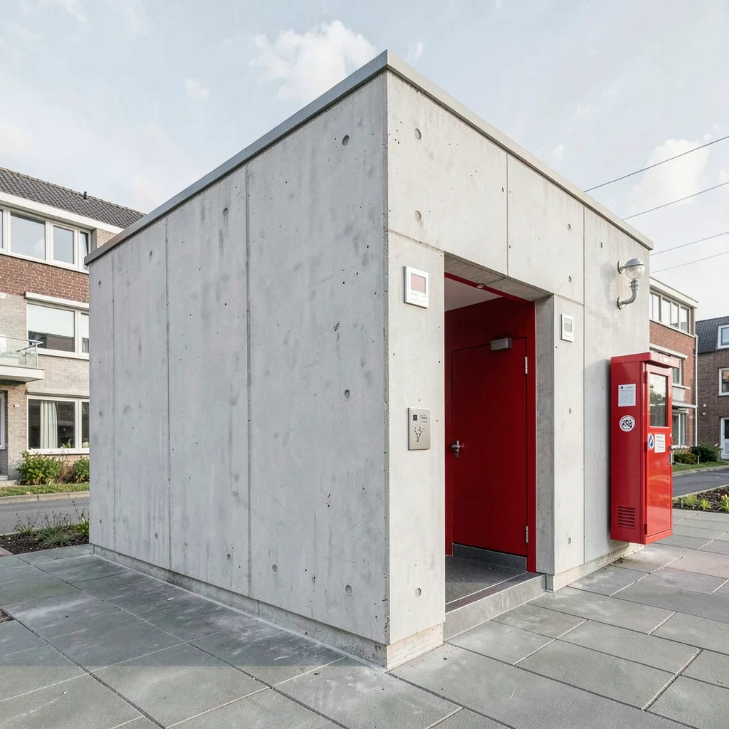 Danish design infrastructure, hygge mechanics, Public toilet building with clean
