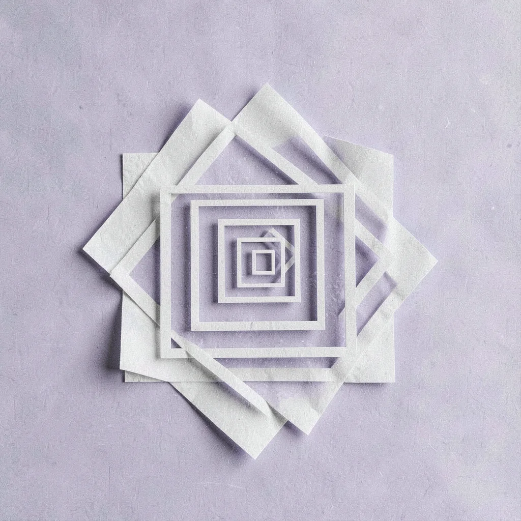 Centered vector spiral of nested squares blooming outward, lilac and chalk palet