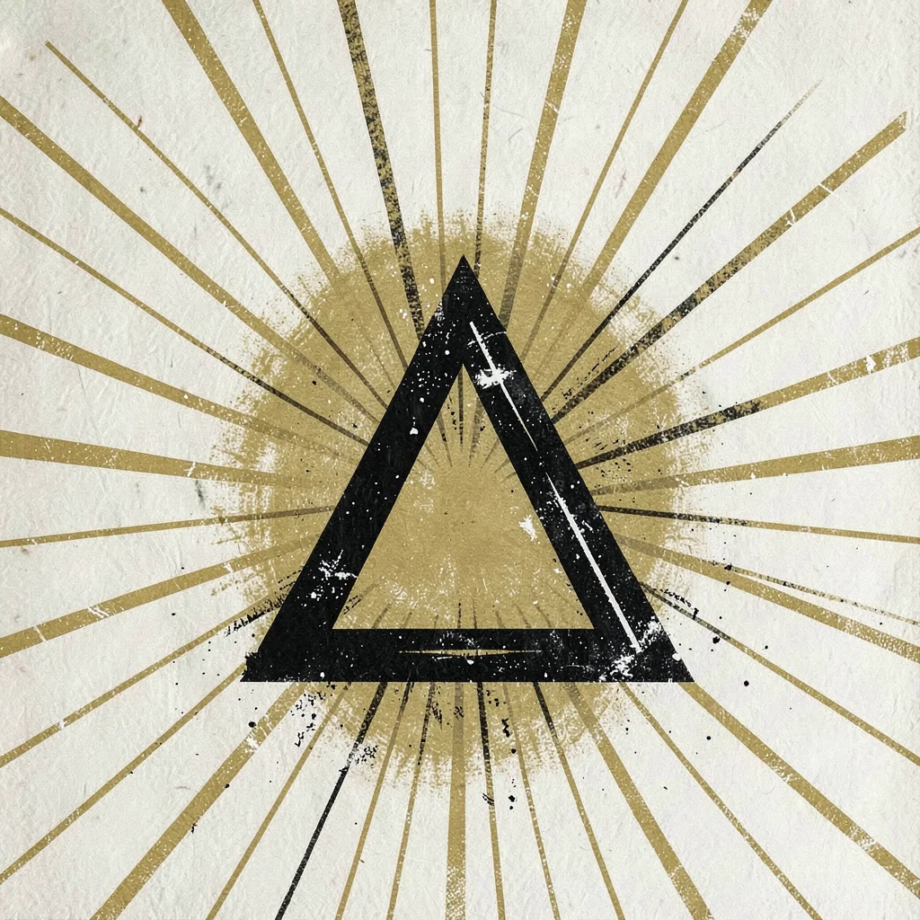 Two-color screenprint poster of a stylized play-triangle bursting with rays, mus