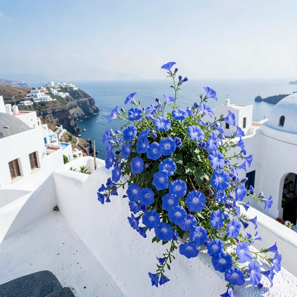 Sidi Bou Said cobalt-white, cliff-top absolute palette, Blue morning glory flowe