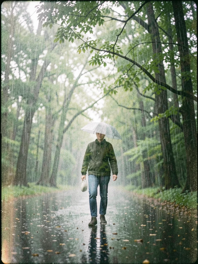 A figure walking in rain, double-exposed with a forest canopy, rain and leaves f