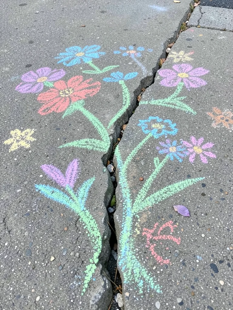 A chalk garden: flowers growing up from a crack in the sidewalk, the real crack 