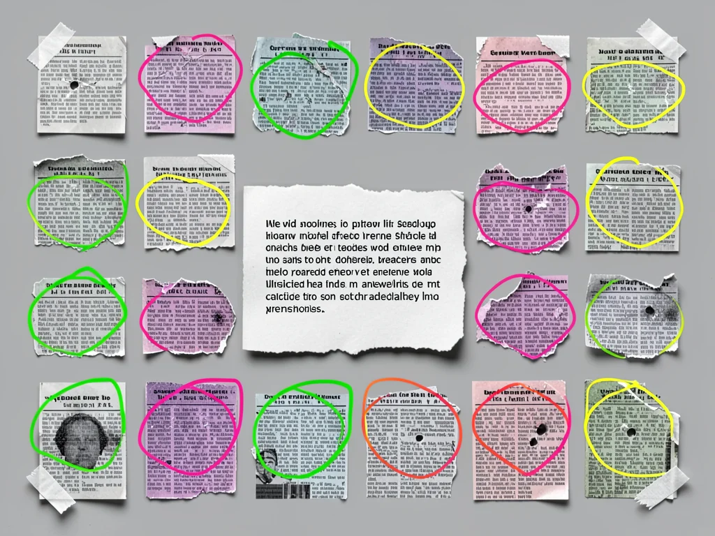 A single torn newsprint paragraph at the center, photocopied multiple times acro