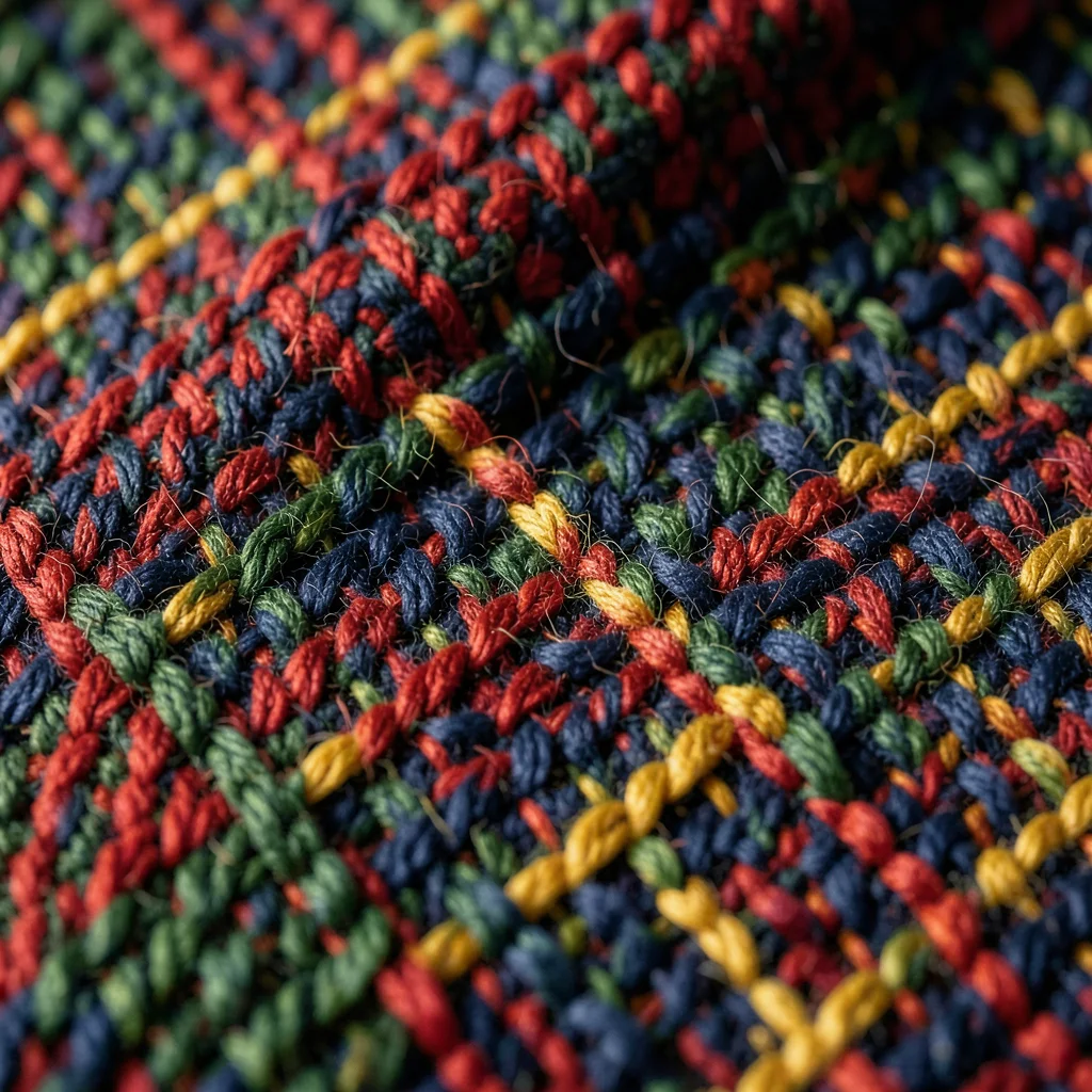 Extreme close-up of a hand-woven tartan, the warp and weft threads interlocking 