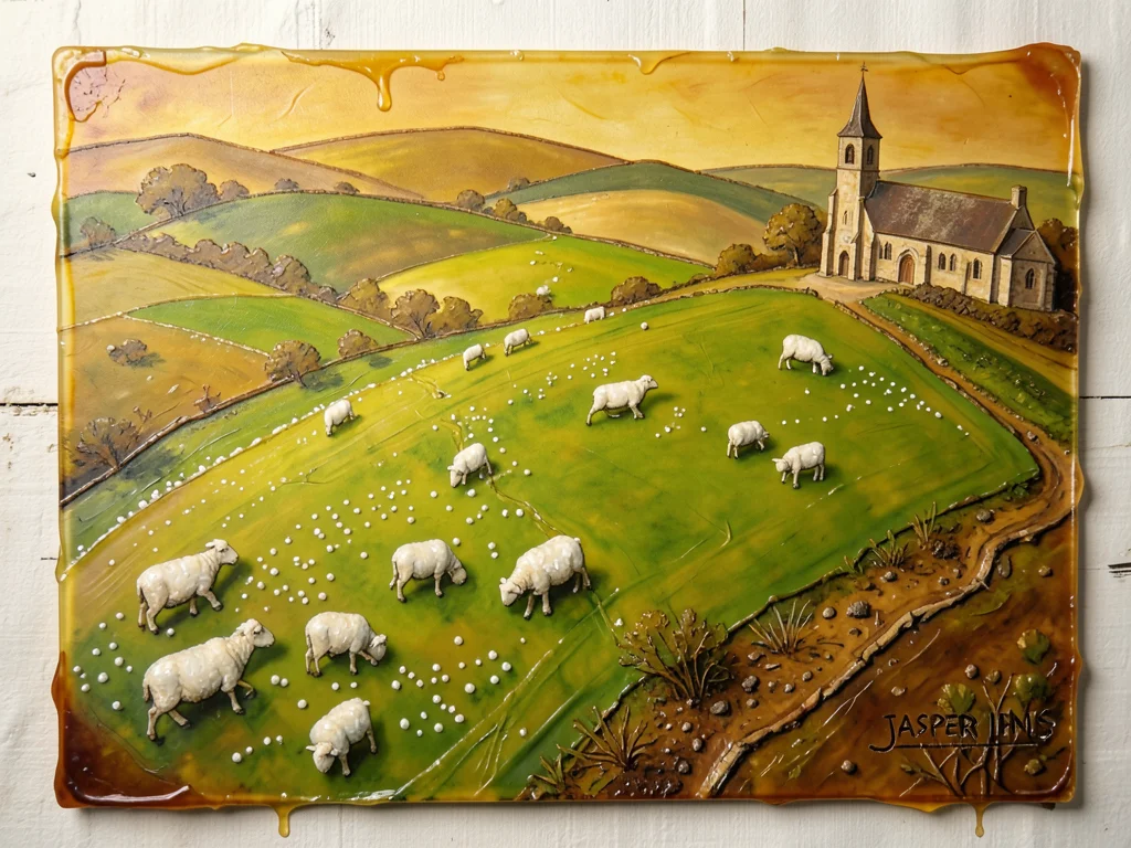 Rolling hillside with sheep and spring lambs seen from above, the wool rendered 