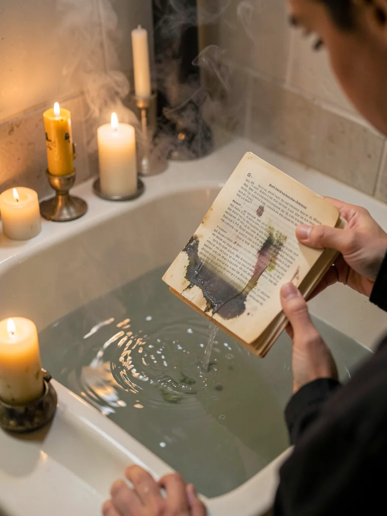 Someone reading a water-damaged paperback in a bathtub surrounded by mismatched 