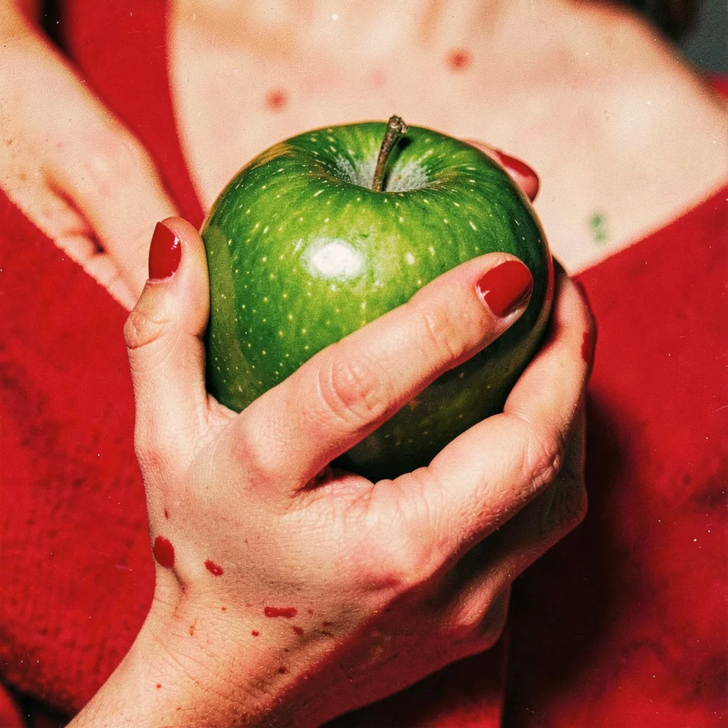 Close-up of a woman's hand with red nail varnish holding a green apple — complem