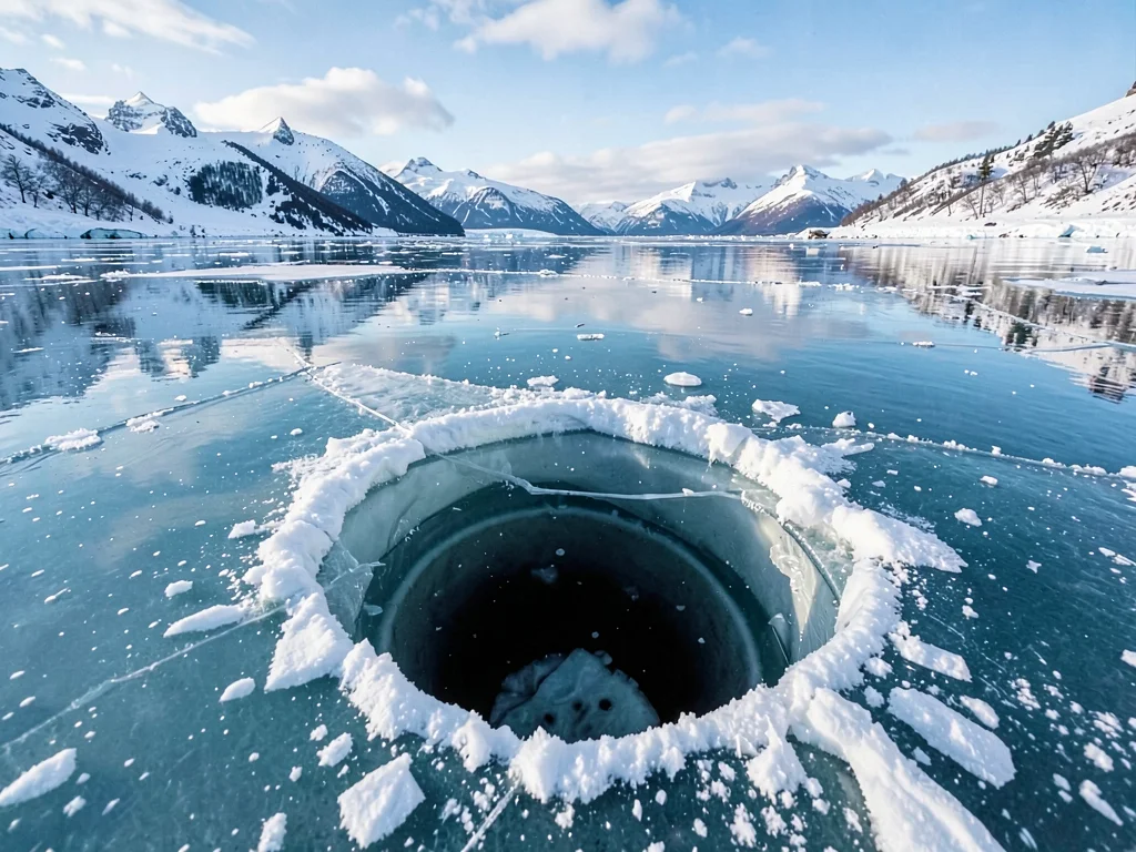 Air pocket under ice creating dark void visible