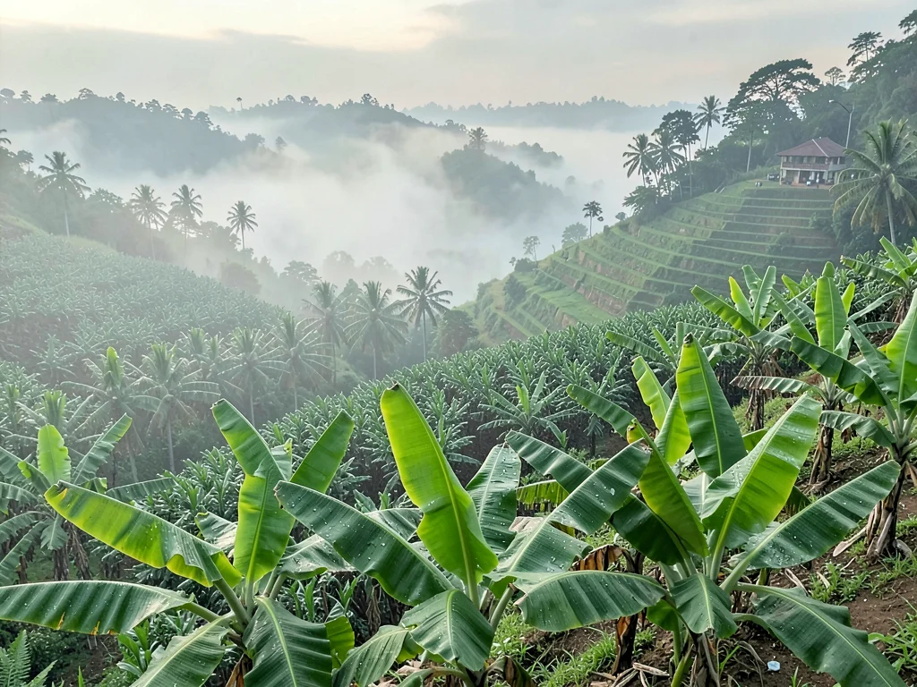Emerald green hills through morning mist in Kigali, Rwanda, Banana plantation wi