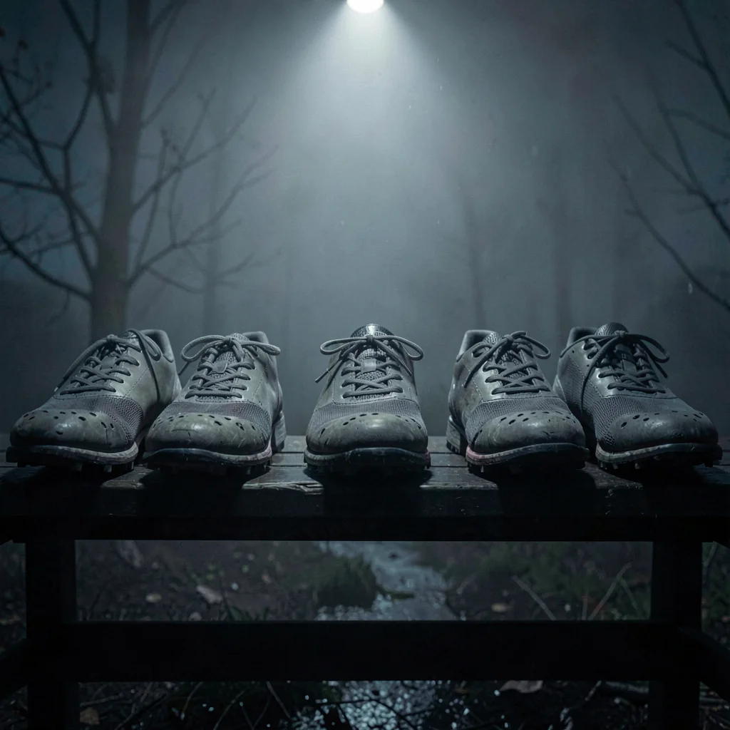 Nocturnal photo of a row of cleated cycling shoes lined up on a dark bench, sing