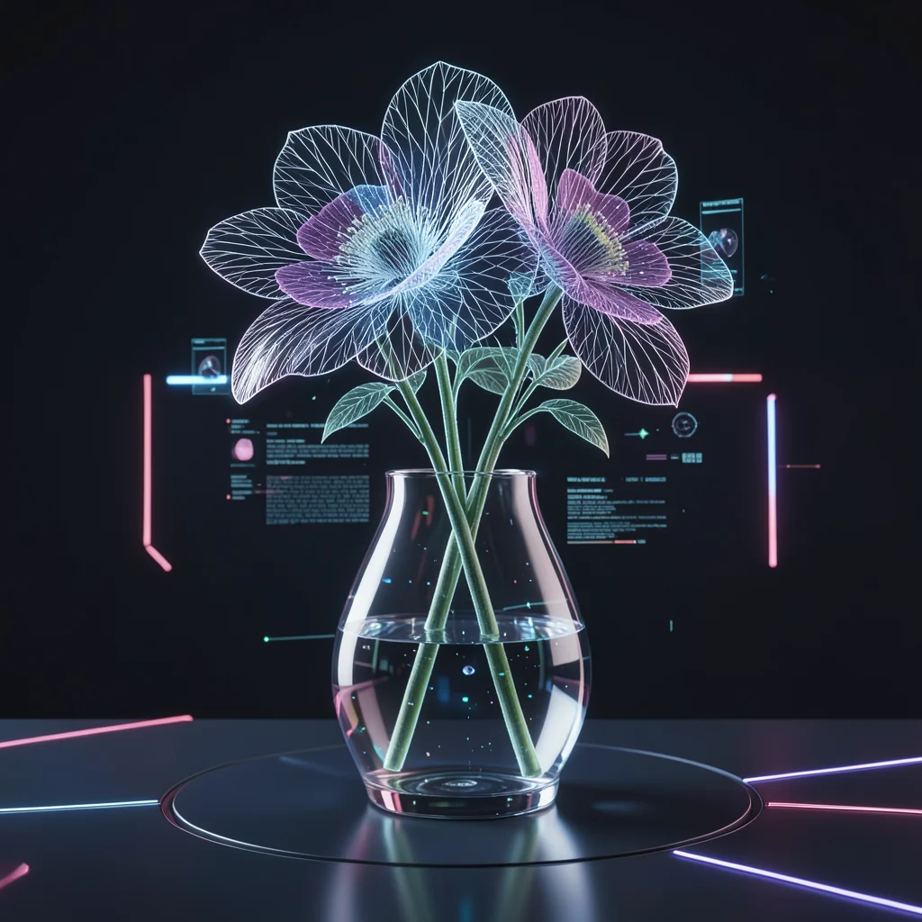 Flower vase where flowers are wireframe and vase is photorealistic glass