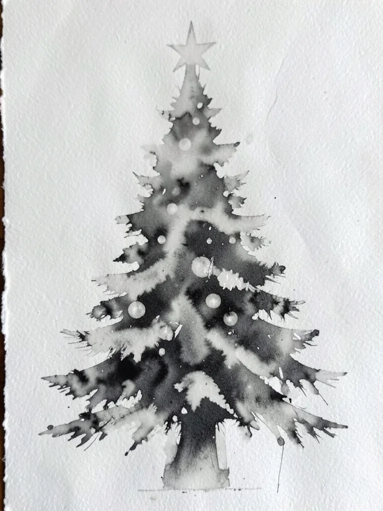 Ghost monoprint of Christmas tree, faded second pull creating ethereal glow