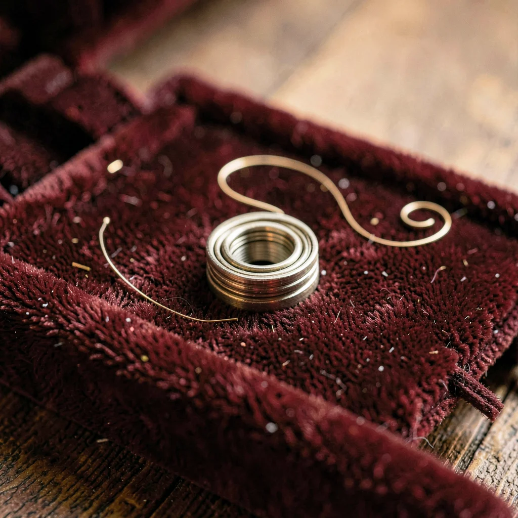 Macro of a coiled mainspring lying loose on a velvet pad