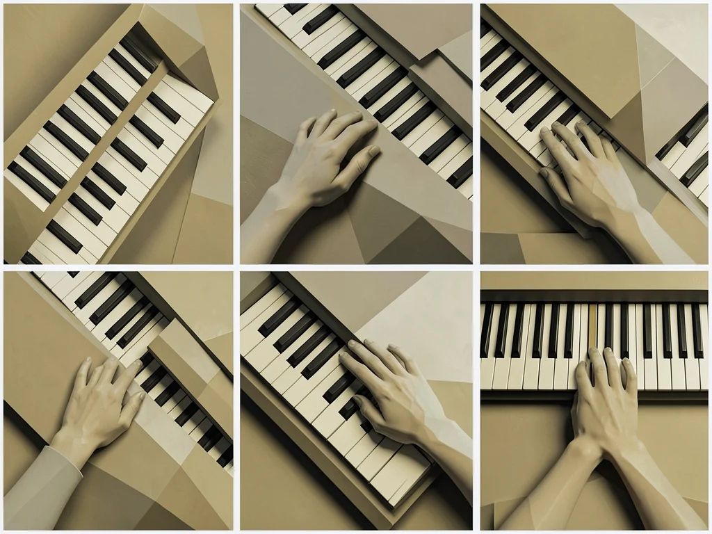 Piano keyboard from above, from side, and the hands in simultaneous plane