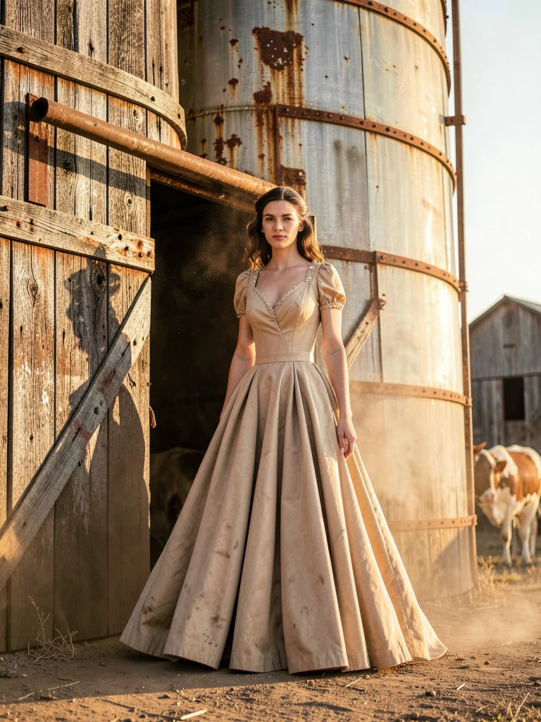 Alexander McQueen gown in grain silo doorway, cylindrical architecture and coutu